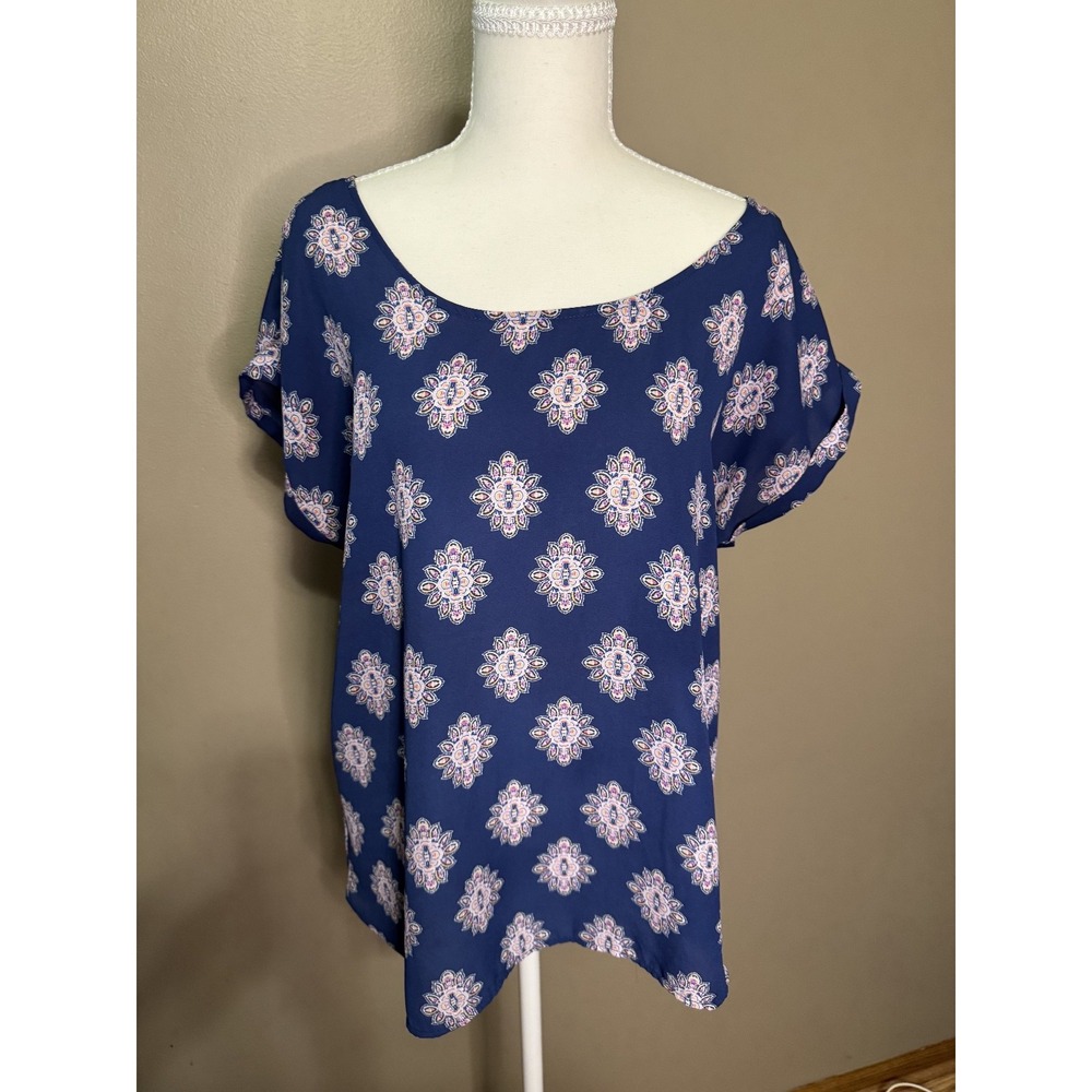 Pink Republic Navy Blue Geometric Zipper Back Blouse Short Sleeve XL